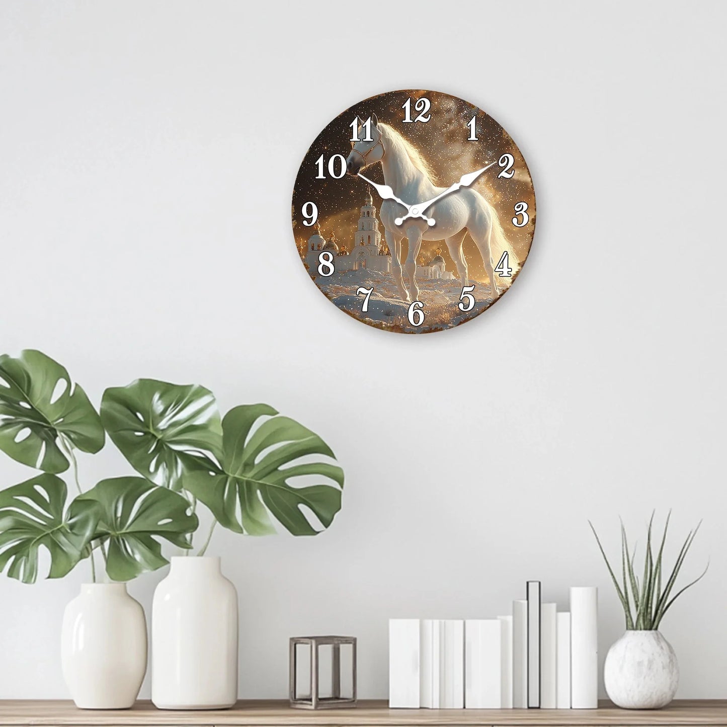 White Horse in Snowy Landscape Round Wall Clock, Ethereal Equine Art Decorative Clock, Dreamy Winter Scene Timepiece for Wall Ar