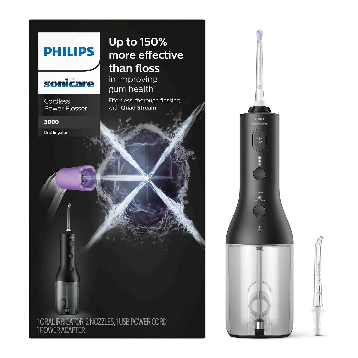Philips Sonicare 2000 series tooth flosser HX3826, 250 ml water container, USB-C cable, 3 strengths, 360° rotation