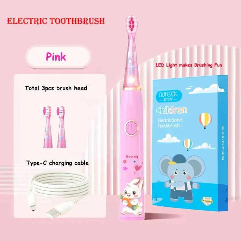 Kids Sonic Electric Toothbrush Child Cartoon with Colorful LED Light IPX7 Waterproof 2 mins Smart Timer Rechargeable Toothbrush