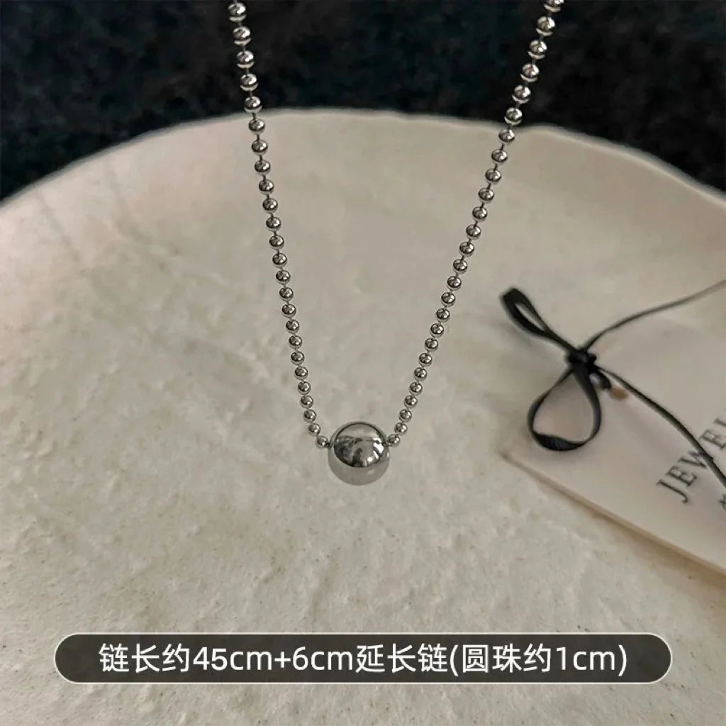 Personality Design Silver Color Stainless Steel Beaded Ball Pendant Necklace for Women Double Layer Hip Hop Rock Chokers Jewelry