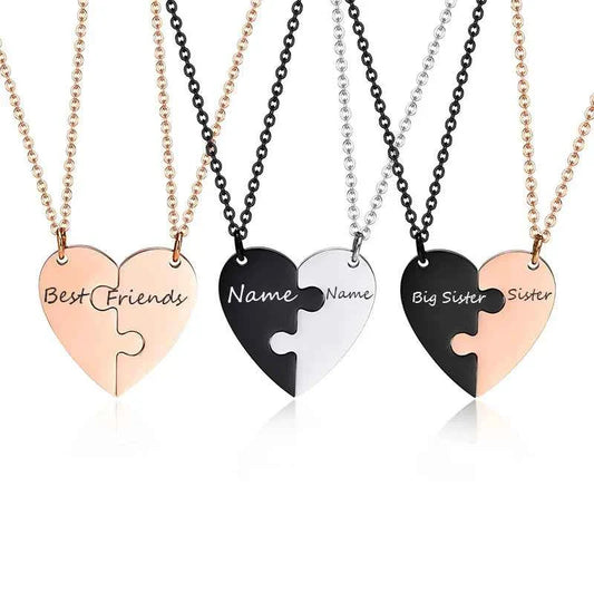 Custom Engrave BFF Friendship Necklaces for 2 Best Friends Gifts, Couple Heart Love Forever Pendant Female BFF Necklaces Set