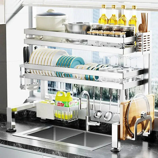 Stainless Steel Sink Shelf Bowl Drain Rack Kitchen Storage Rack Multifunctional Dish Cutlery Knife Spoon Sink Rack Set Organizer