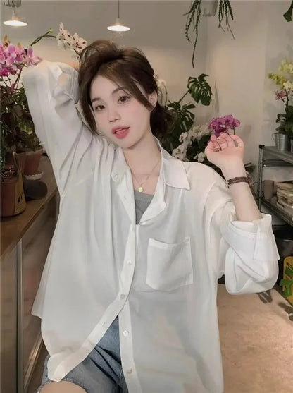 Sunscreen Shirt for Women in Summer New Polo Collar French Unique Loose Solid Color Long-sleeved Top Trendy