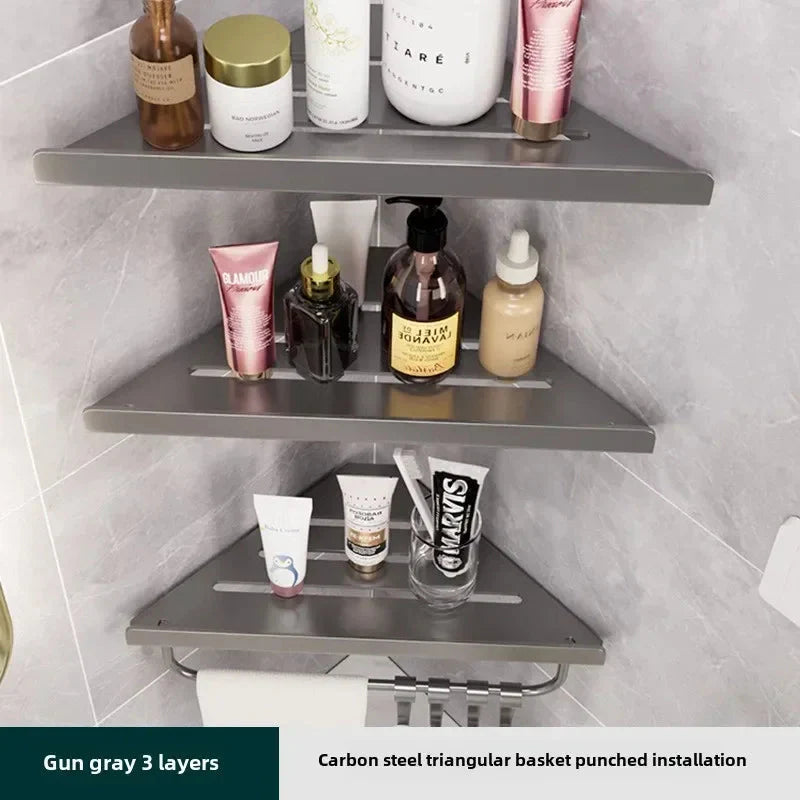 Bathroom Triangle Drain Shelf No Drilling Wall Mounted Cosmetic and Toiletries Hollow Carbon Steel Shelf with Hooks