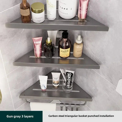 Bathroom Triangle Drain Shelf No Drilling Wall Mounted Cosmetic and Toiletries Hollow Carbon Steel Shelf with Hooks