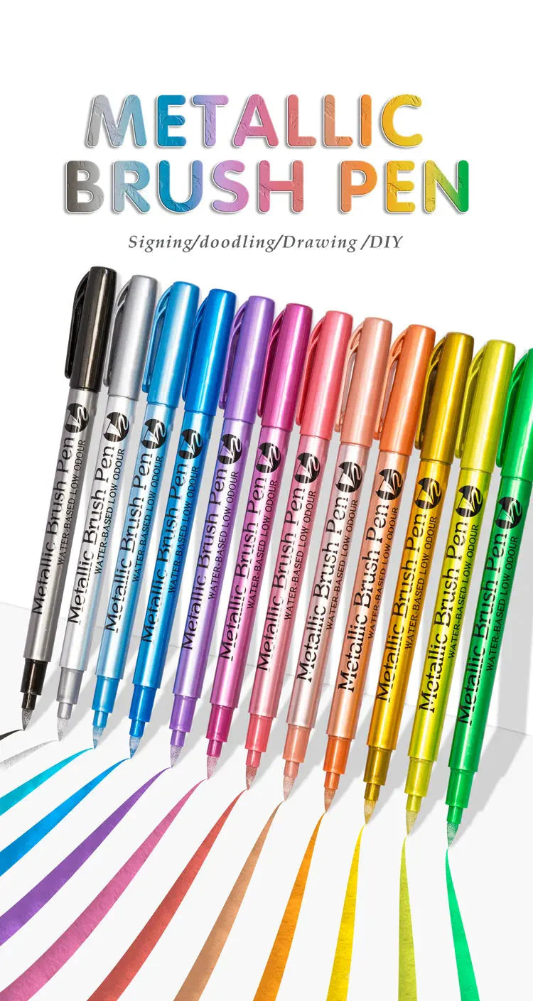 12 Colors Brush Metallic Paint Markers Pens for Rock Painting Stone Ceramic Wood Fabric Pebbles Scrapbook Journals Photo Albums