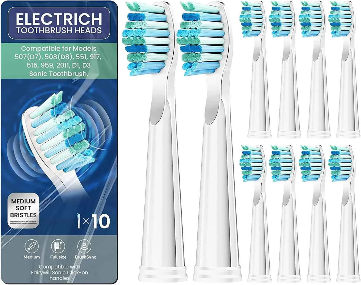Premium Replacement Toothbrush Heads for Fairywill & Seago - Du Pont Bristles - Compatible with FW-507/508/D1/D3/D7