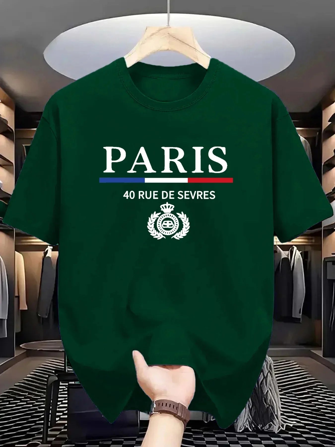 Men's summer 100% cotton fashionable casual loose classic Paris pattern printed sports round neck short sleeved T-shirt top