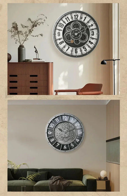 Retro Industrial Roman Wall Clock  Gear Rotation Clock Living Room Decorative Wall Clock Stylish Silent Wall Clock Quartz Clock
