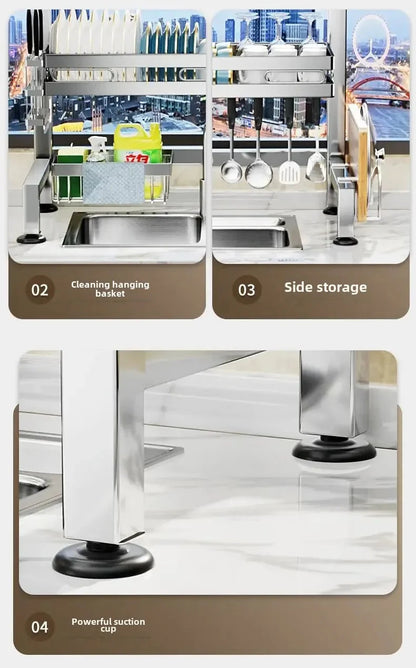 Stainless Steel Sink Shelf Bowl Drain Rack Kitchen Storage Rack Multifunctional Dish Cutlery Knife Spoon Sink Rack Set Organizer