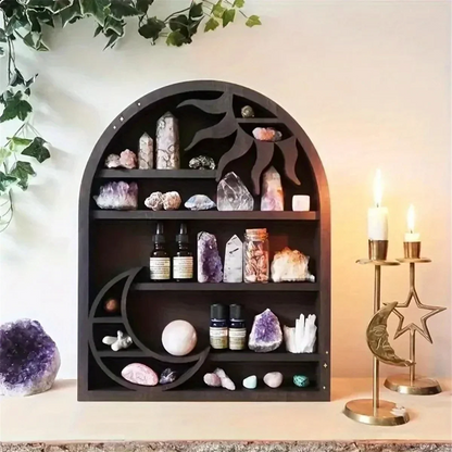 Wood Storage Shelf - Stylish and Practical Wall Shelf, Crescent Sun and Moon Crystal Shelf