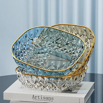 New Household Fruit Bowl Salad Dessert Biscuit Plate Plastic Square Transparent Tray Golden Edge Snack Plates Tableware