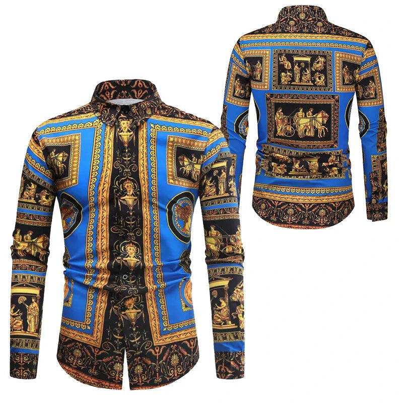 Baroque Floral Royal Shirts Men Luxury Print Designer Tops Paisley Pattern Flowers Fashion Western Long Sleeve Shirt Camisas