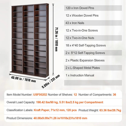SucceBuy Media Storage Cabinet DVD Shelf Holds Adjustable CD Shelves 5/12/16/36 Compartments Protects and Organizes Music Movie
