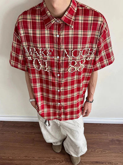 Trendy Pearls Stitching Shirts For Men 2025 Summer New Casual Plaid Shirt Mens Vintage Button-up Turn-down Collar Cardigan Tops