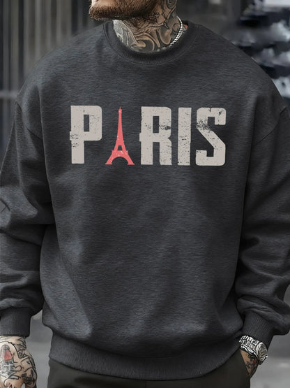 Famous Paris Tower Pattern Sweatshirt Men O-Neck Clothes Autumn Fleece Retro Pullover Loose Unisex Colour Fashion Streetwear