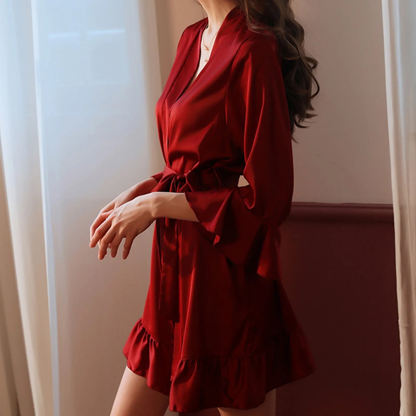 Sexy Flare Sleeve Kimono Gown Women Wedding Robe Silk Rayon Home Dress Elegant Ruffle Sleepwear Cozy Nightgown Intimate Lingerie