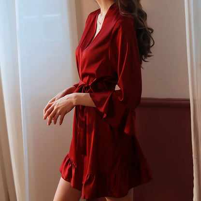 Sexy Flare Sleeve Kimono Gown Women Wedding Robe Silk Rayon Home Dress Elegant Ruffle Sleepwear Cozy Nightgown Intimate Lingerie
