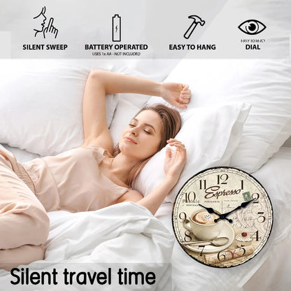 European Retro Coffee Cup Pattern Wooden Wall Clock for Living Room, Bedroom, Kitchen, Home Decoration, Silent Quartz Clock, Holiday Gift, 10 Inches, 12 Inches (No Battery)