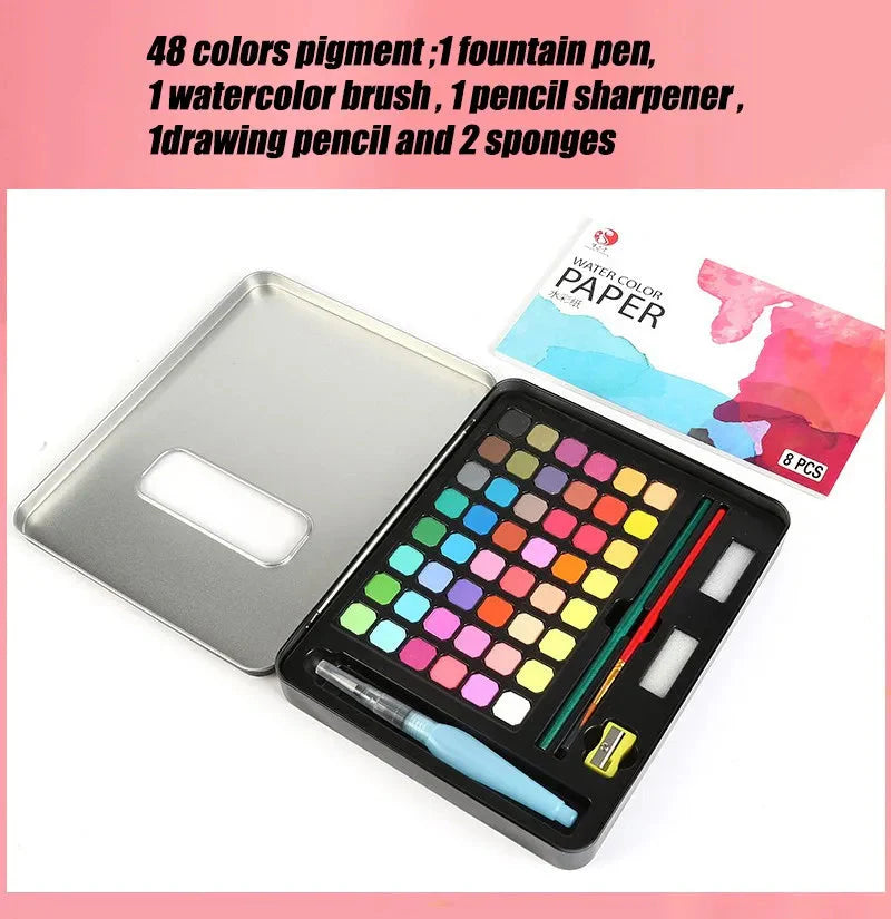 Watercolor Painting  48 Colors Solid Water Color Paint With Brush&Paper Drawing Set Art Supplies for Artists Beginner