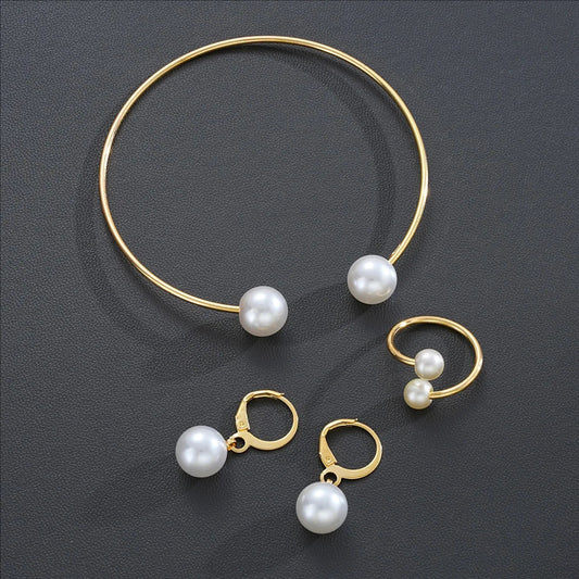Female Jewelry Set Pearl Open Stud Earrings Bracelet Ring Women's Simple Luxurious High-end Sophisticated Accessories