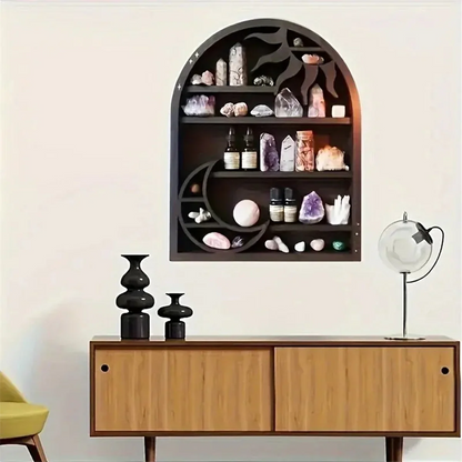 Wood Storage Shelf - Stylish and Practical Wall Shelf, Crescent Sun and Moon Crystal Shelf