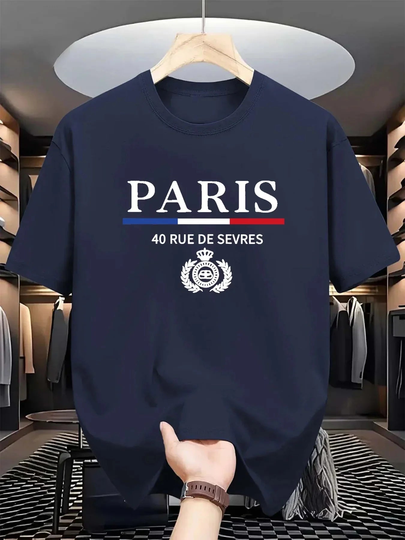 Men's summer 100% cotton fashionable casual loose classic Paris pattern printed sports round neck short sleeved T-shirt top
