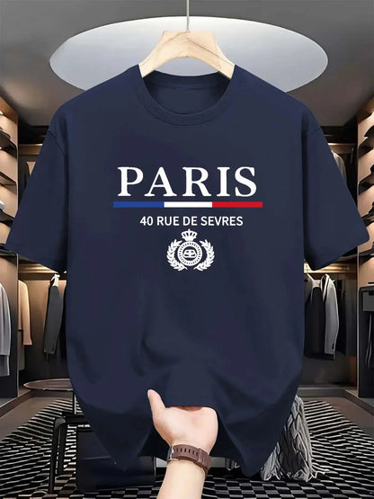 Men's summer 100% cotton fashionable casual loose classic Paris pattern printed sports round neck short sleeved T-shirt top