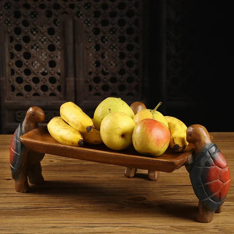 Solid Wood Fruit Plate for Home Living Room, Coffee Table Tray, Three Turtles Base Side Polished, Smooth Eco Friendly Wood Wax O