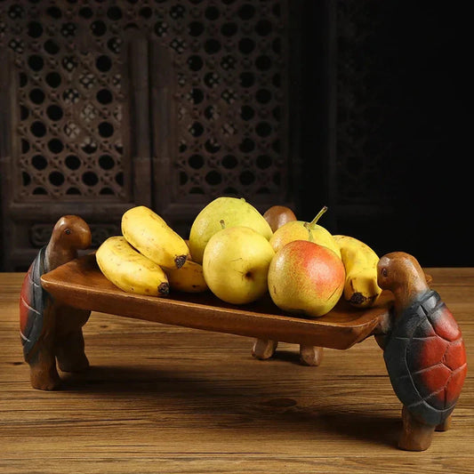 Solid Wood Fruit Plate for Home Living Room, Coffee Table Tray, Three Turtles Base Side Polished, Smooth Eco Friendly Wood Wax O