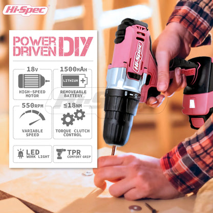 Hi-Spec 92-Piece Pink Home Tool Box Set, Multi-Function Hand Repair Kit with Hammer Cordless Power Drill Combo for Household DIY