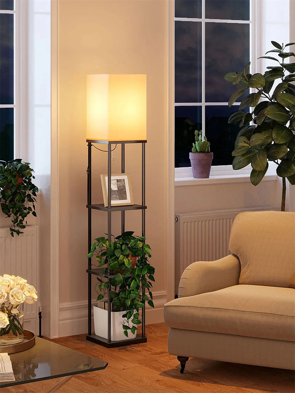 Modern Shelf Floor Lamp with Shade and LED Bulb Corner Display Lamps Shelves for Living Room Bedroom Office Black