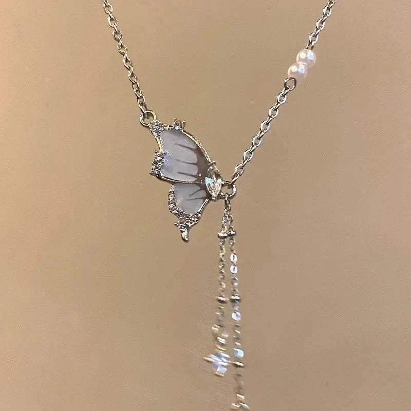 Fashion Fairy Pink Crystal Bow Knot Pendant Necklaces Y2K Girls Sweet Rhinestone Heart Clavicle Chain Women Jewelry Gifts