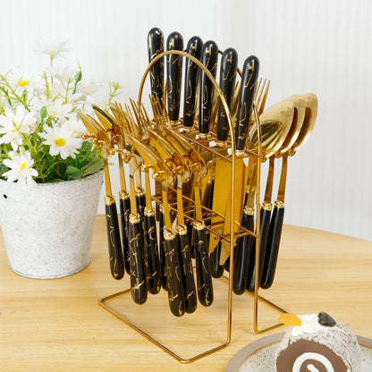 24-Piece Stainless Steel Silverware Set with Vertical Hanging Storage Rack - Mirror Polished Flatware