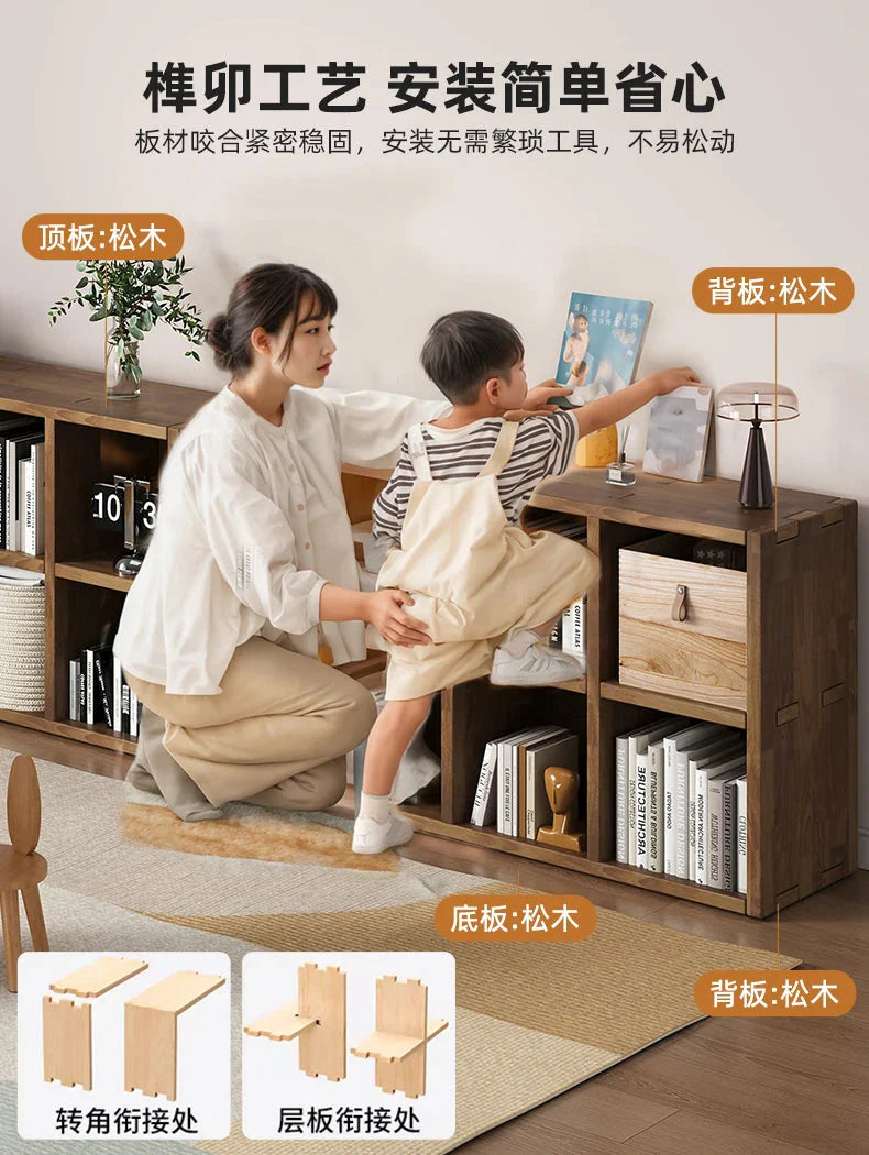 Solid Wood Short Bookshelf Floor Storage Cabinet Grid Organizer Shelf for Living Room Home & Kindergarten Display Unit
