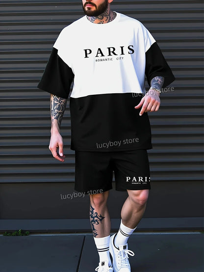 ROMANTIC CITY PARIS Printed Sport T-shirt+shorts Suit Set Men Male Luxury Tracksuit Outfit Summer Oversized 2 Piece Set Clothes