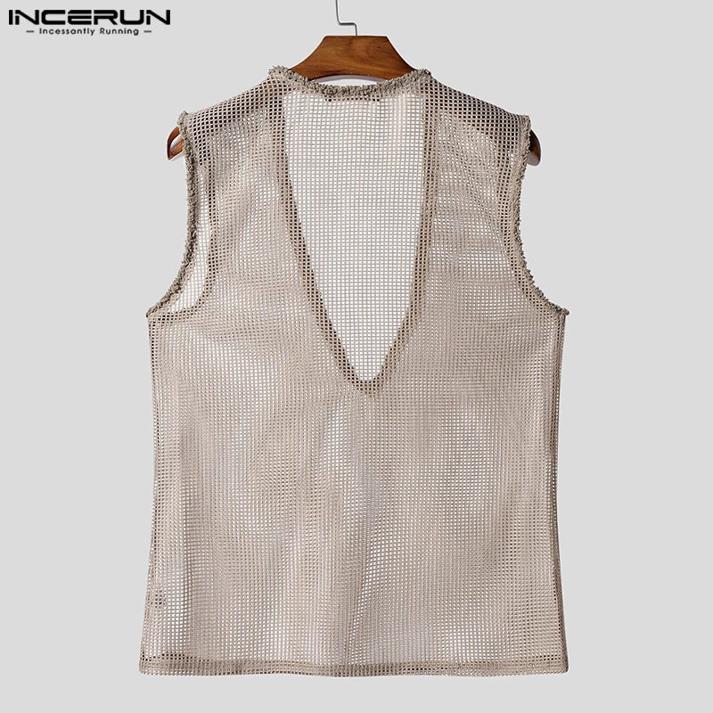 INCERUN Men Tank Tops Hollow Out Mesh See Through Sexy Tassel Male Vests Summer 2025 Solid Color Fashion Streetwear Men Clothing