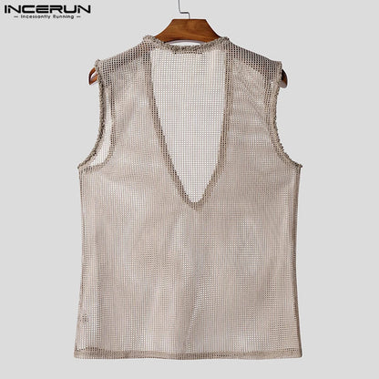 INCERUN Men Tank Tops Hollow Out Mesh See Through Sexy Tassel Male Vests Summer 2025 Solid Color Fashion Streetwear Men Clothing