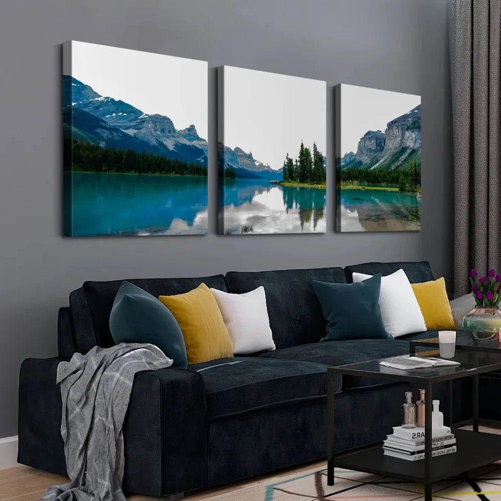 3 canvas wall art prints - landscape of turquoise lake and mountain on canvas, upholstery,1.5 inch thick wood frame