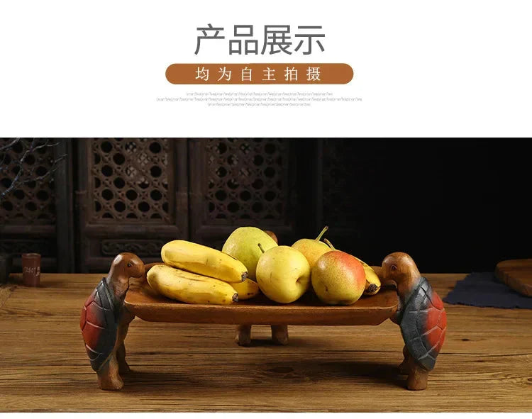 Solid Wood Fruit Plate for Home Living Room, Coffee Table Tray, Three Turtles Base Side Polished, Smooth Eco Friendly Wood Wax O
