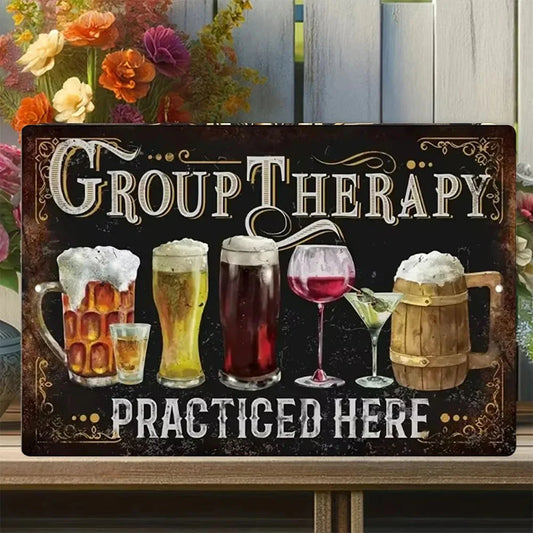 Vintage Funny Group Therapy Metal Sign for Man Cave Bar Decor - 12x8 Inches Tin Sign
