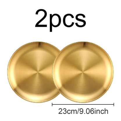 2pcs stainless steel plates, 23cm gold and silver multifunctional plates, suitable for picnics, pre meal preparation, family use