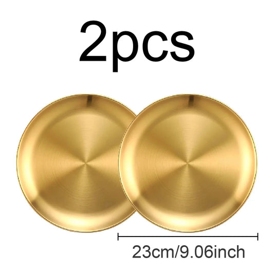 2pcs stainless steel plates, 23cm gold and silver multifunctional plates, suitable for picnics, pre meal preparation, family use