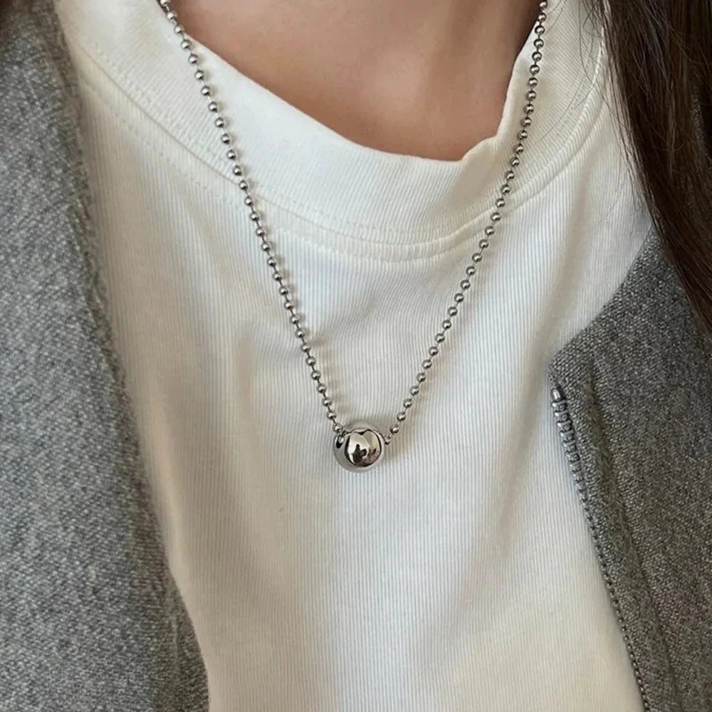 Personality Design Silver Color Stainless Steel Beaded Ball Pendant Necklace for Women Double Layer Hip Hop Rock Chokers Jewelry