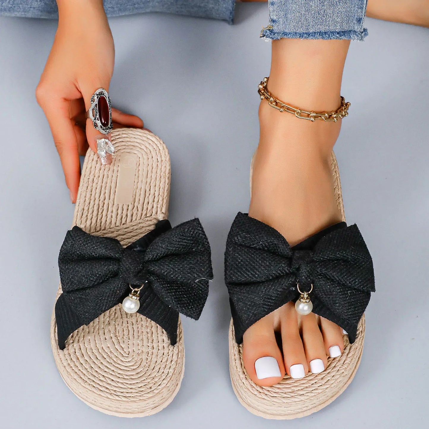 Ladies Sandals Slippers Solid Colour Bow Beach Outer Wear Flat Bottom Large Size Anime Slippers For Women Dressy Sandalias