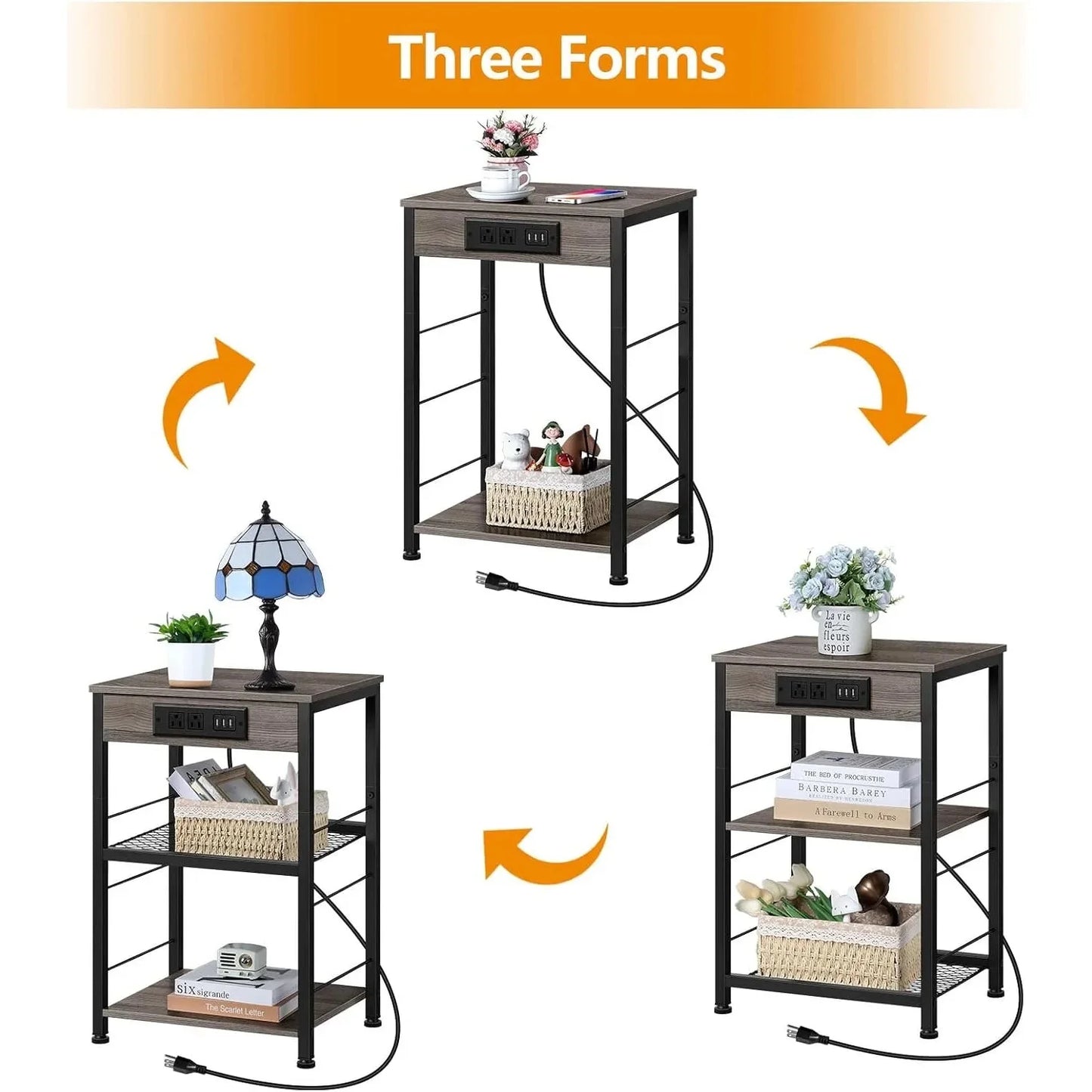 3-Tier Nightstand w/ Charging Station - 2 Pcs Grey Bedside Table w/ USB Ports & Storage Shelf for Bedroom