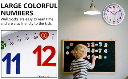 Early Education Wall Clock Colorful Number Kids Learning Time for School Classroom Bedrooms Silent Analog Clock 8/10/12 Inch