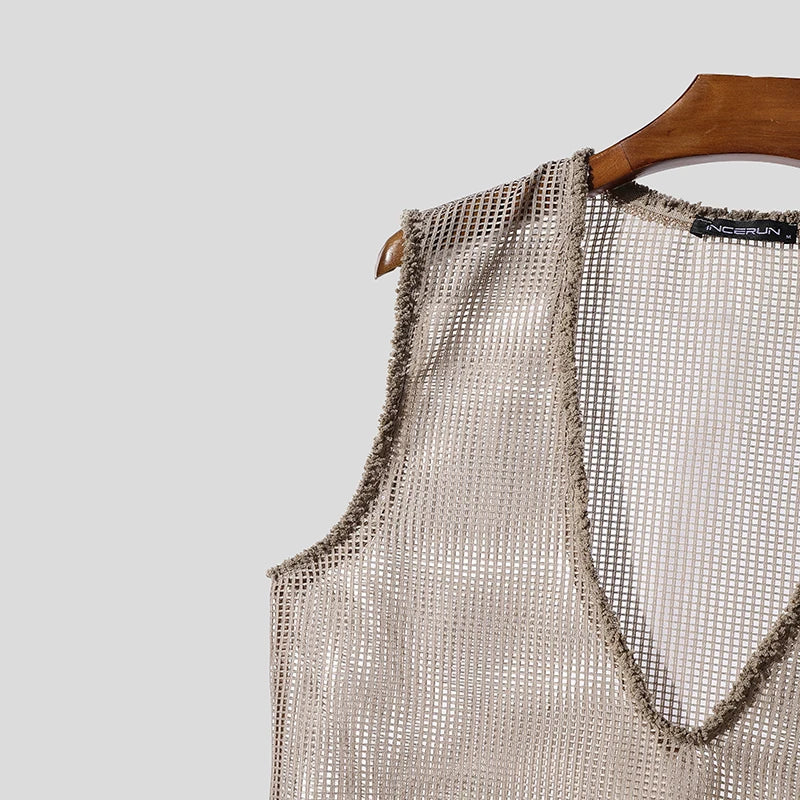 INCERUN Men Tank Tops Hollow Out Mesh See Through Sexy Tassel Male Vests Summer 2025 Solid Color Fashion Streetwear Men Clothing