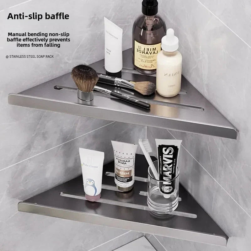 Bathroom Triangle Drain Shelf No Drilling Wall Mounted Cosmetic and Toiletries Hollow Carbon Steel Shelf with Hooks
