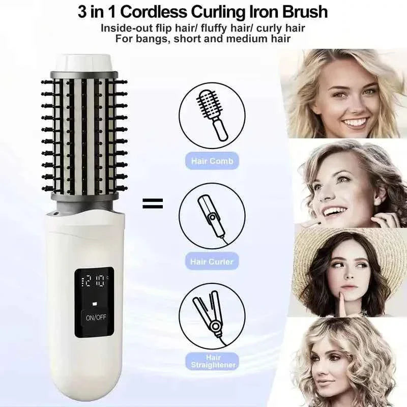 NewCordless Hair Curling Iron Brush USB Rechargeable Travel Heated Round Brush 2-in-1 Electric Hair Curling Wand Styling Tools